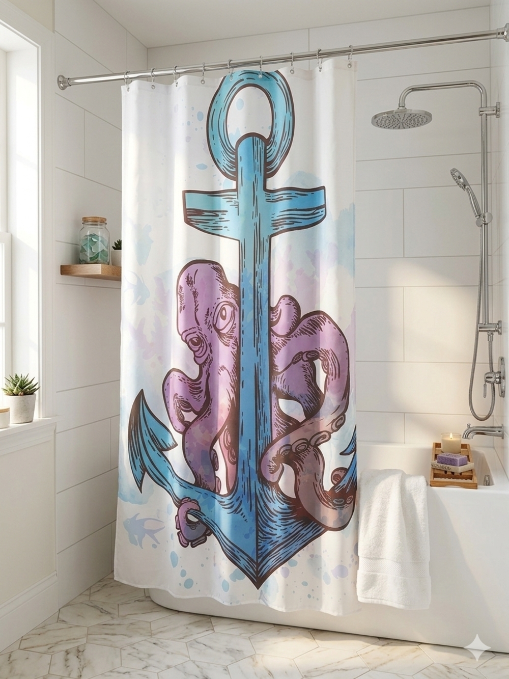 Kids Shower Curtain Whimsical Purple Octopus & Blue Anchor – 72" x 72"